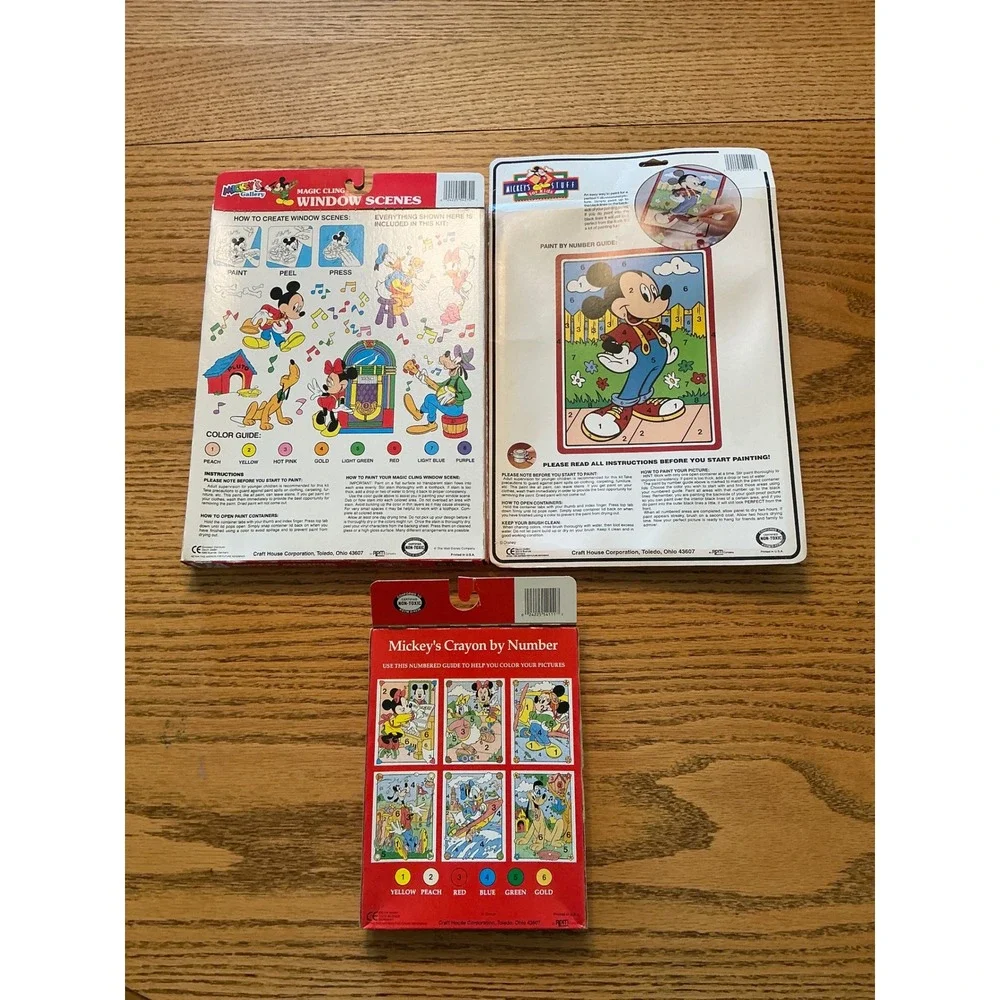 Vintage Disney Mickey Mouse Craft Kit Lot Paint by Number Window Cling Crayon